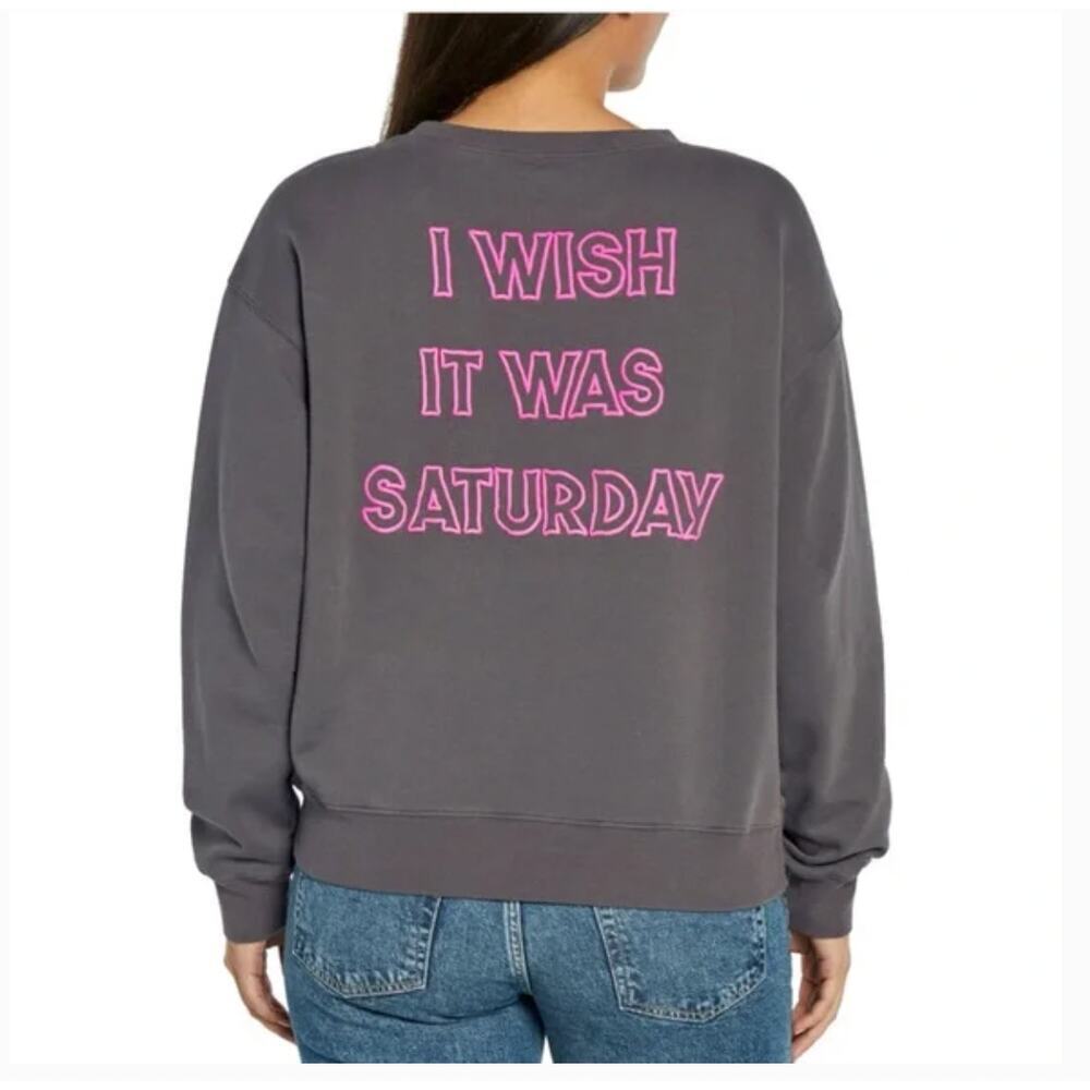 Wildfox Graphic Grey Crewneck “I Wish It Was Saturday” Sweatshirt Size L